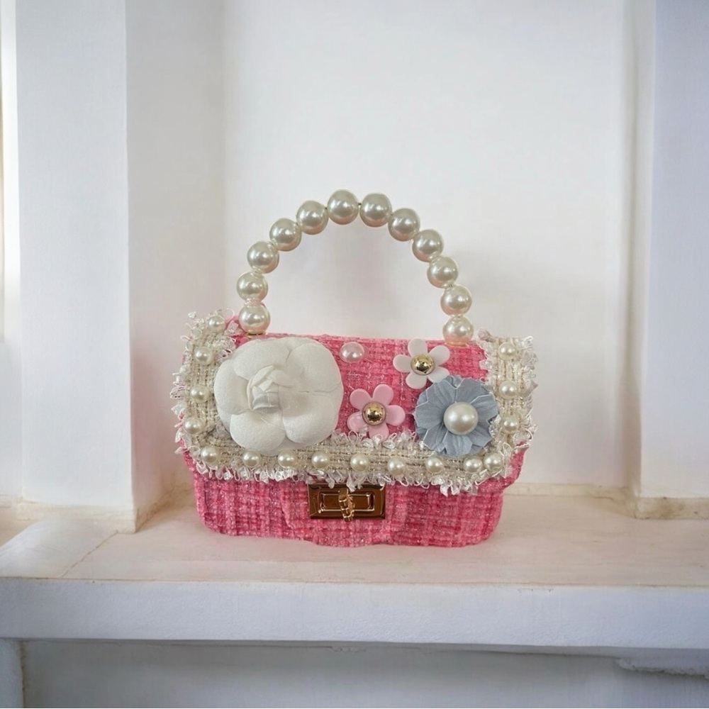 Mini Tweed Handbag Girls Designer Inspired Tote Pearls Floral Crossbody Bag Pink